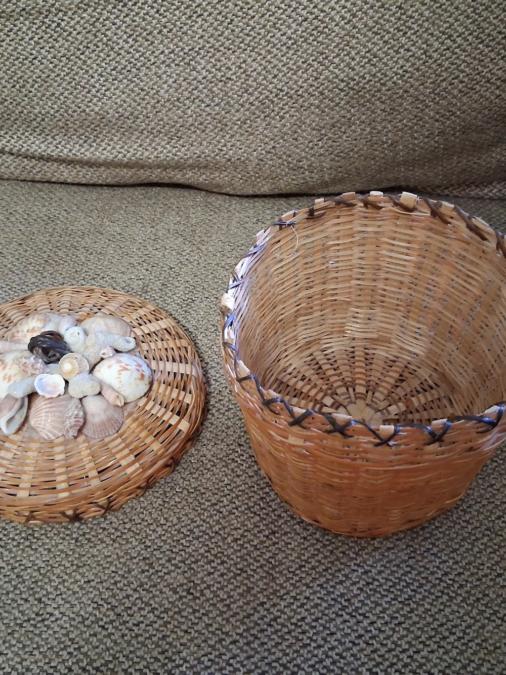 Vintage Woven Rattan Lidded Seashell Basket